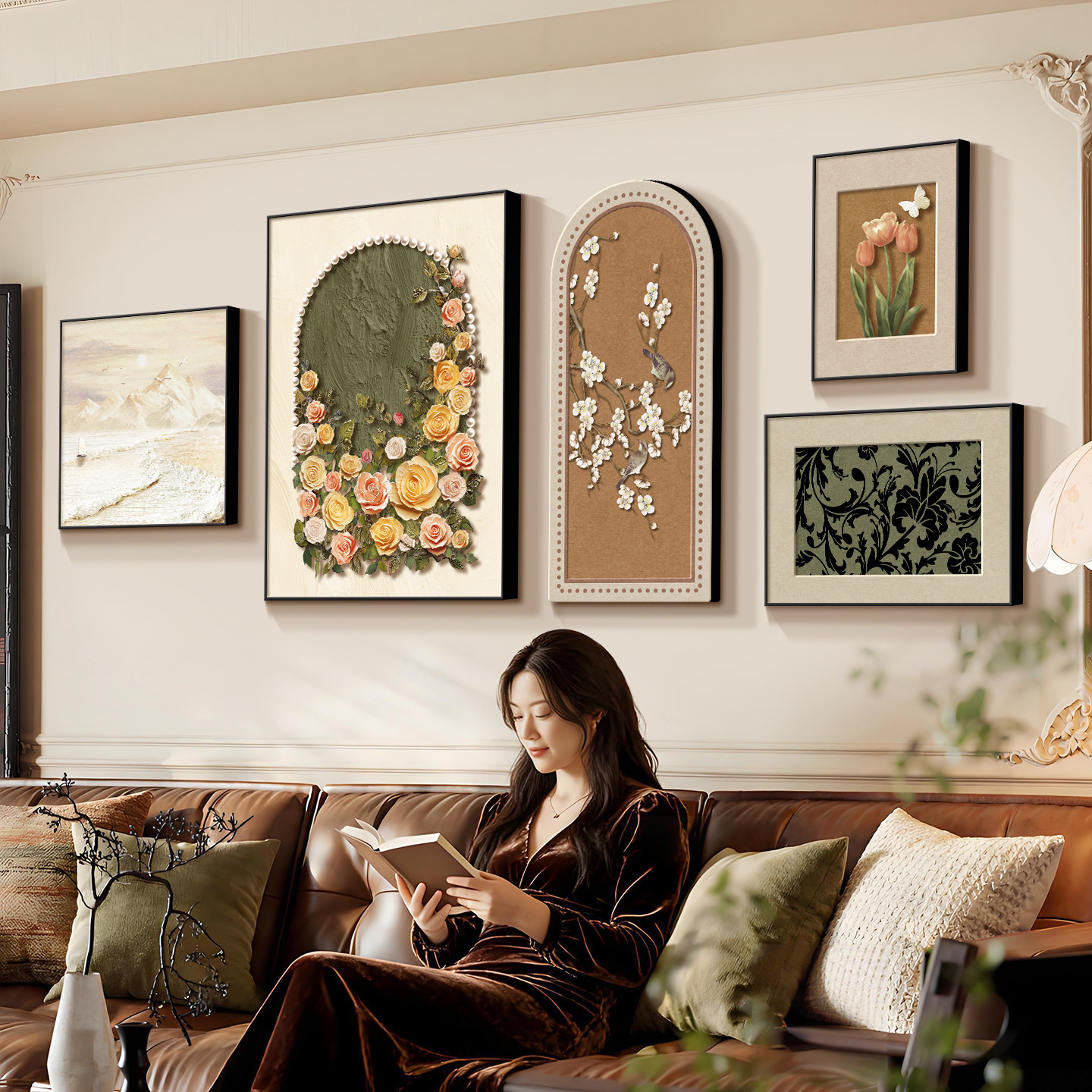 中古风壁画客厅挂画2026新款轻奢高级感花卉沙发背景墙装饰画组合