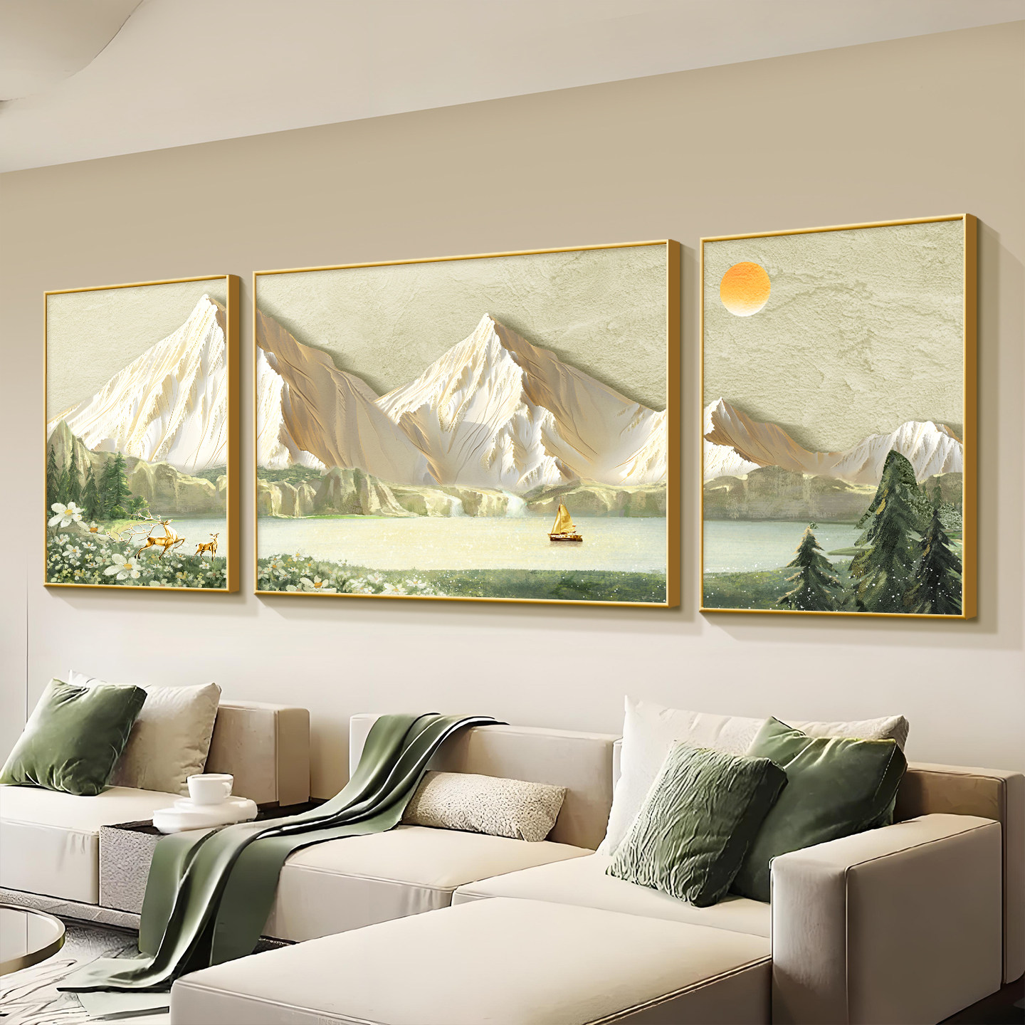 沙发背景墙挂画2026新款轻奢高级感客厅装饰画山水日照金山餐厅壁