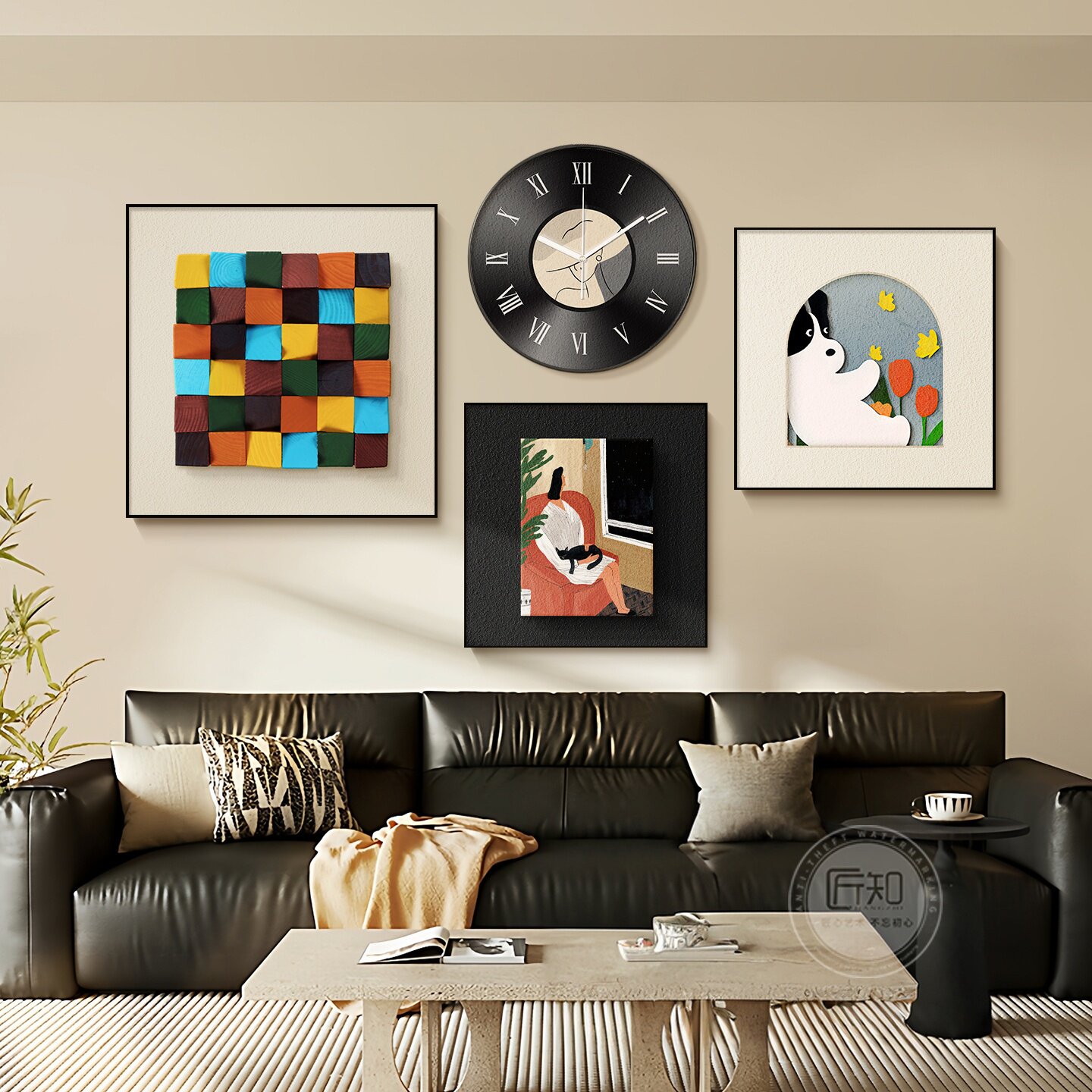 立体砂岩客厅沙发背景墙装饰画法式实木艺术感挂画中古风2026新款