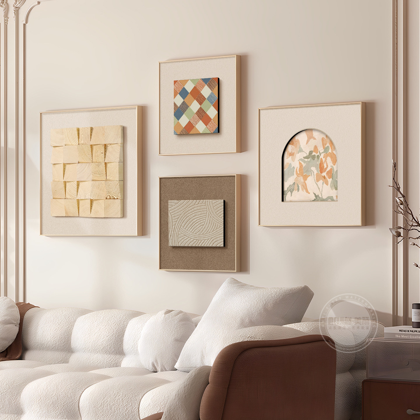 奶油风客厅立体实物挂画双层砂岩画2026新款原木沙发背景墙装饰画