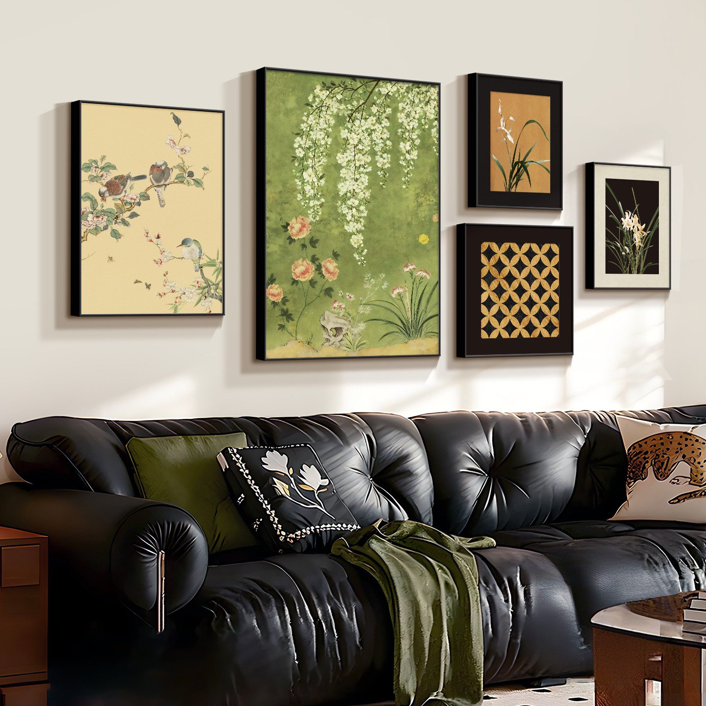 2026新款客厅装饰画绿色高级感轻奢组合壁画中古风沙发背景墙挂画