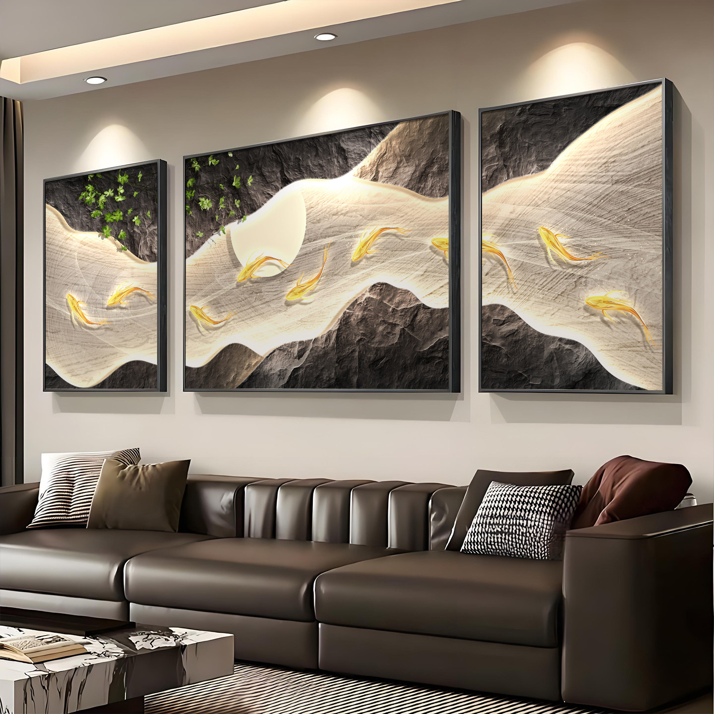 2026新款客厅装饰画沙发背景墙挂画轻奢高级感九鱼图三联餐厅壁画