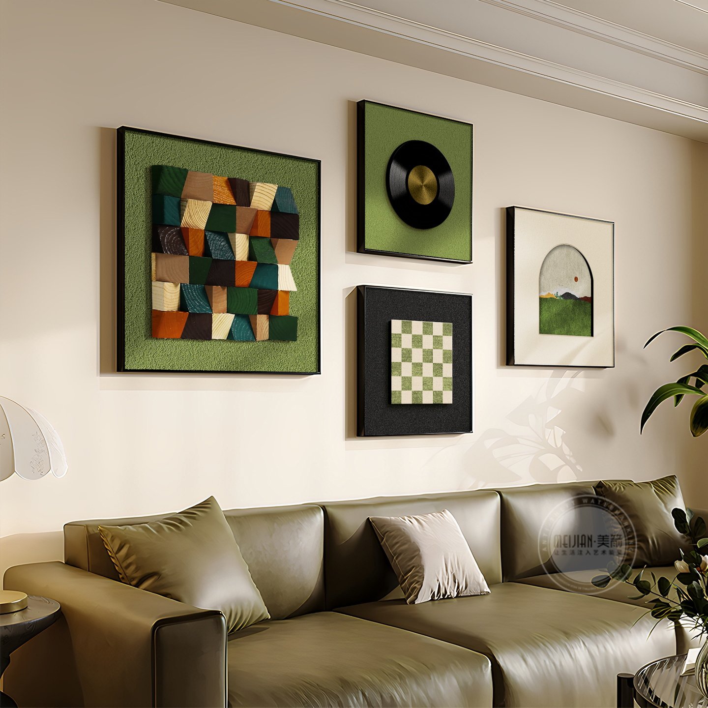 绿色客厅装饰画立体砂岩双层实物画2026新款中古风沙发背景墙挂画