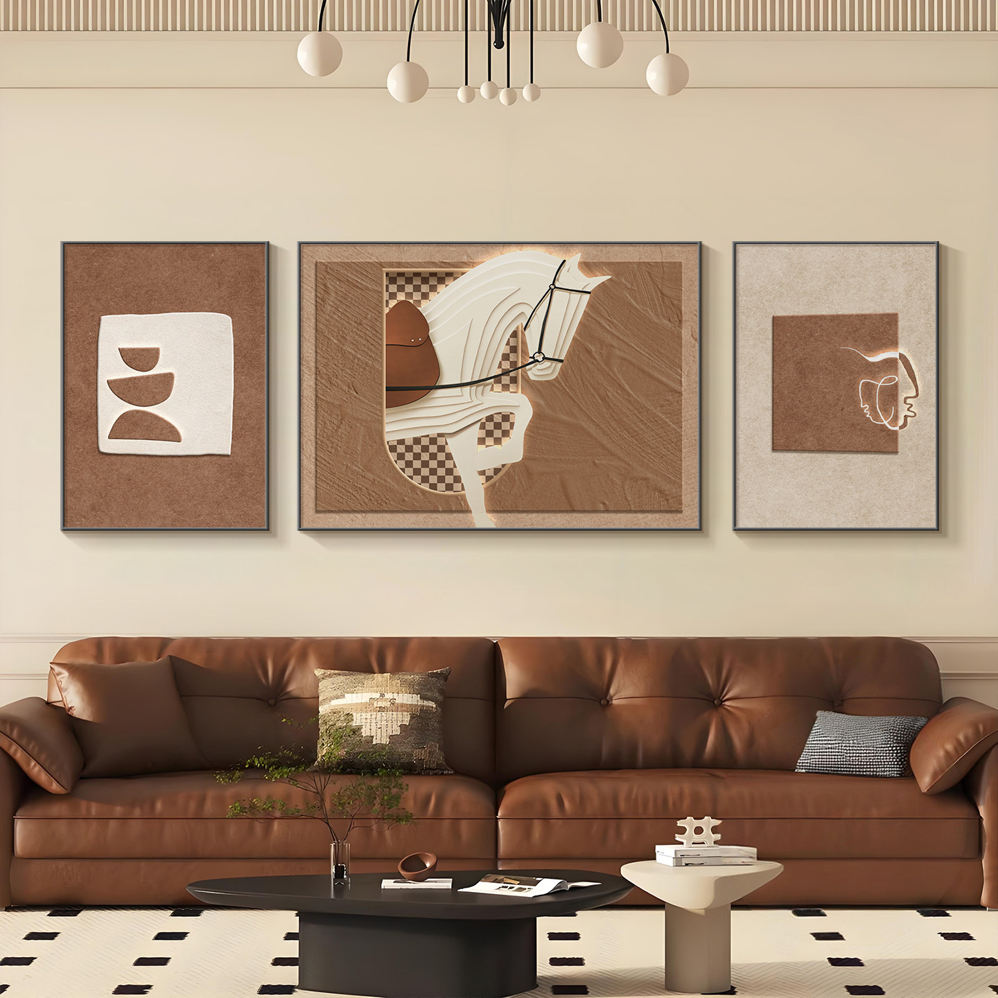 沙发背景墙挂画2026新款客厅装饰画轻奢高级感骏马三联壁画挂画