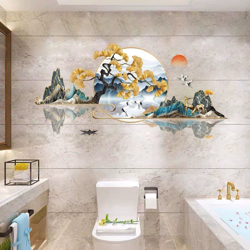 卫生间贴画浴室装饰贴纸中式荷花发财有鹿山水洗手间墙面瓷砖防水