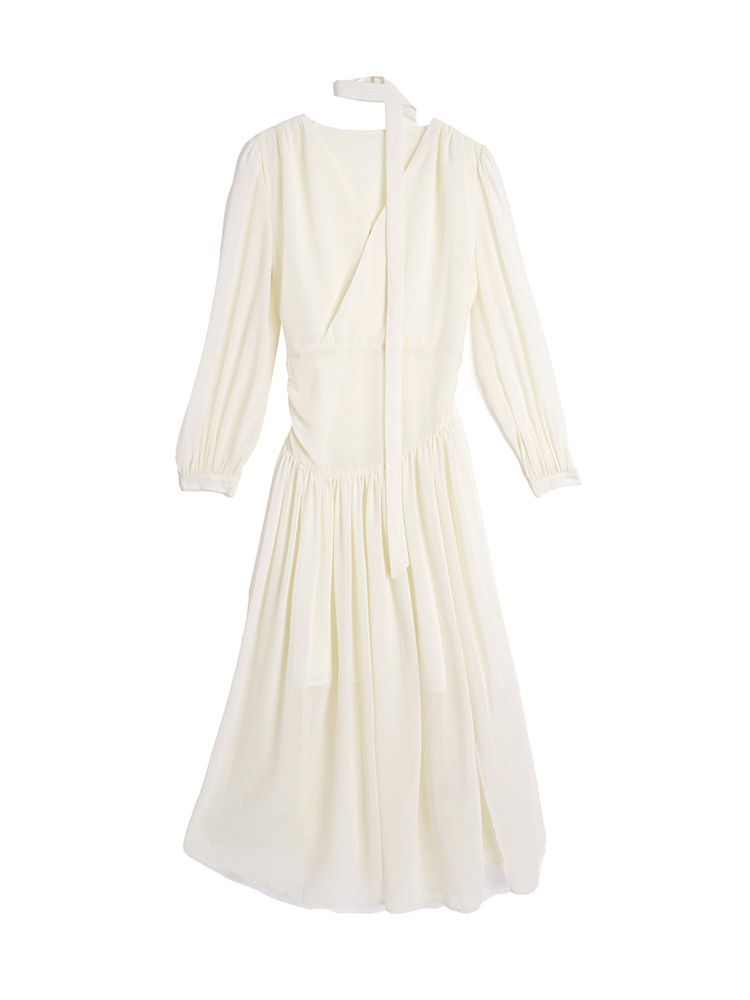 Cream long-sleeve dress displayed on a hanger against a white background