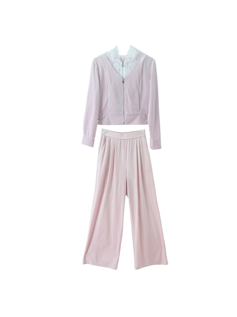 Pink two-piece loungewear set with zip jacket and wide-leg pants