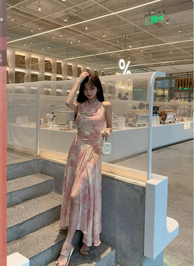 佐佐家小个子挂脖荡领修身背心吊带开叉半身长裙两件套装女春夏季