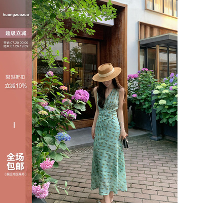 佐佐家小个子V领气质斑斓绿印花背心裙子夏季女收腰显瘦长连衣裙