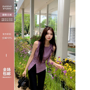 佐佐家小個子韓系氣質斜邊開叉顯瘦背心夏季 上衣 女不規則圓領無袖