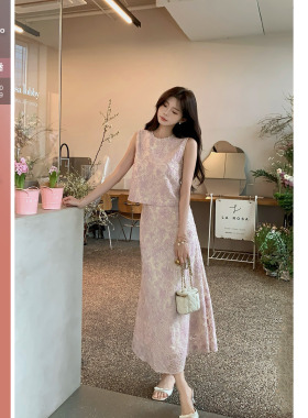 佐佐家小个子粉紫色手工绣花小香风马甲/半身裙两件套装女春夏季