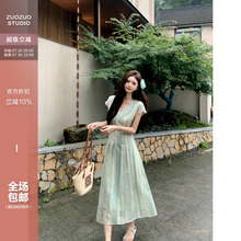 佐佐家小个子气质优雅蕾丝撞色收腰连衣裙夏季女显瘦大裙摆长裙子