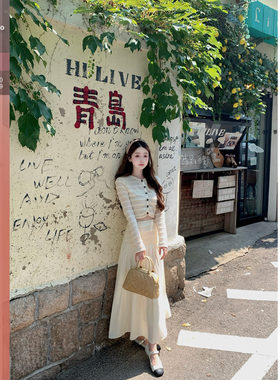 佐佐家小个子 条纹针织短款上衣高腰半裙休闲两件套春夏季女套装
