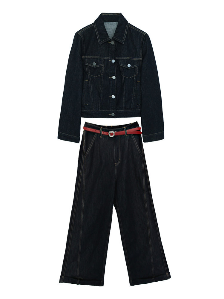 Black denim jacket and wide-leg pants set displayed on a white background