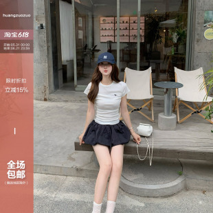 Huangzuozuo佐佐家小个子圆领正肩修身小马图案T恤夏季女短袖上衣