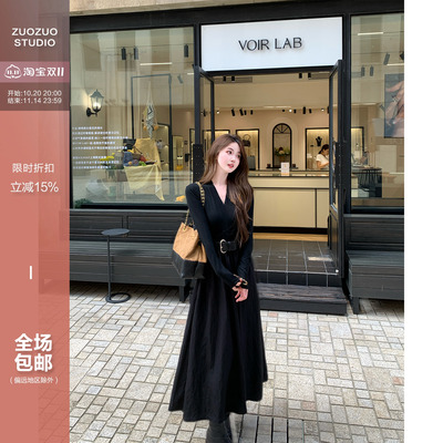 佐佐家小个子气质V领针织拼接长袖连衣裙春秋季女收腰修身长裙子