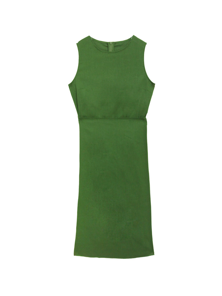 Green sleeveless midi dress laid flat on a white background