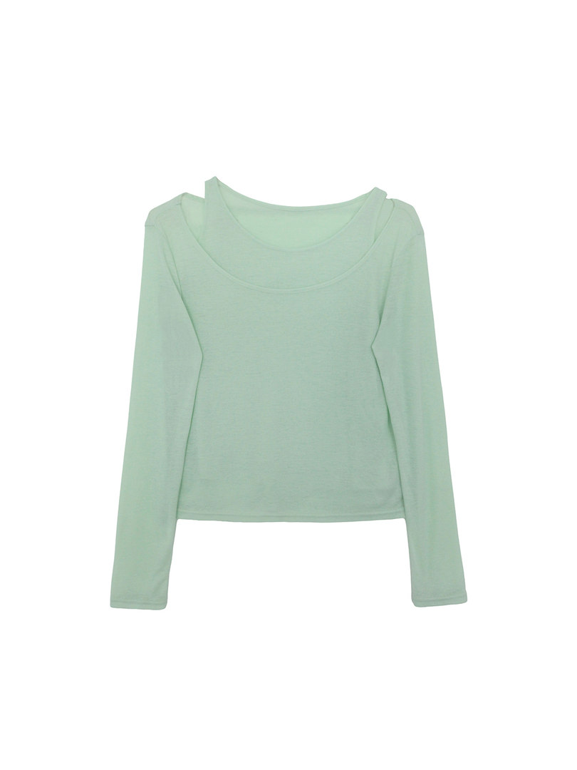 Mint green long-sleeve fitted top laid flat on a white background