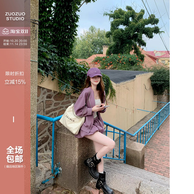 佐佐家小个子学院风连帽卫衣外套花苞裙裤套装春秋季女休闲两件套