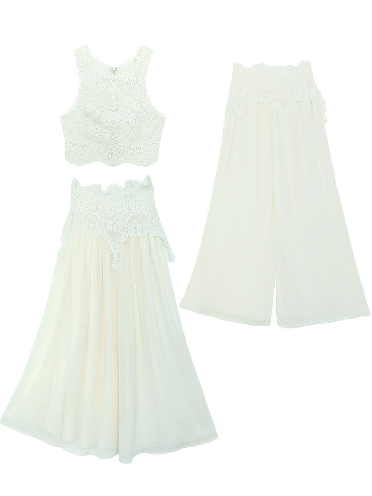 White lace two-piece outfit with crop top and wide-leg pants laid flat