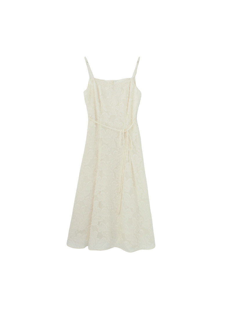 Cream sleeveless midi dress on a white background