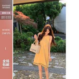 佐佐家小个子气质无袖 女韩系a字显瘦裙子 背心刺绣短款 连衣裙夏季