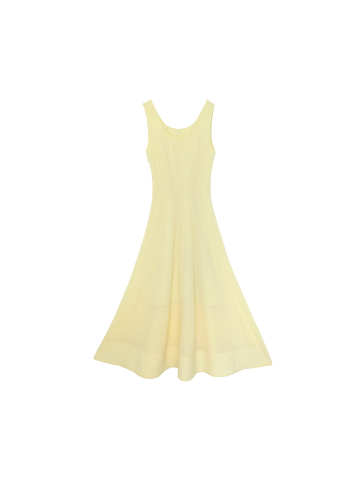 Light yellow sleeveless flowy dress on a white background