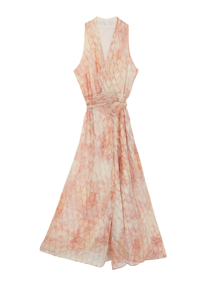 Sleeveless light pink patterned maxi dress on white background