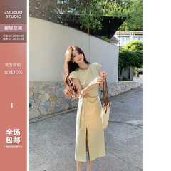佐佐家小个子蝴蝶结系带气质修身收腰连衣裙夏季女显瘦开叉长裙子
