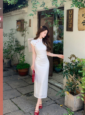 Huangzuozuo小个子国风提花收腰旗袍长裙夏季女新中式连衣裙