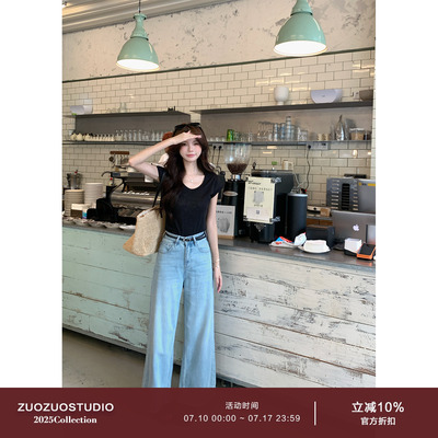 佐佐家小个子复古水洗浅蓝色高腰直筒毛边阔腿裤夏季女显瘦牛仔裤