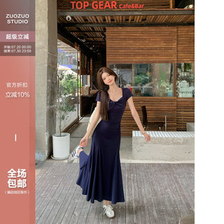 佐佐家小个子方领扭结蕾丝收腰气质鱼尾裙夏季女显瘦修身连衣裙子