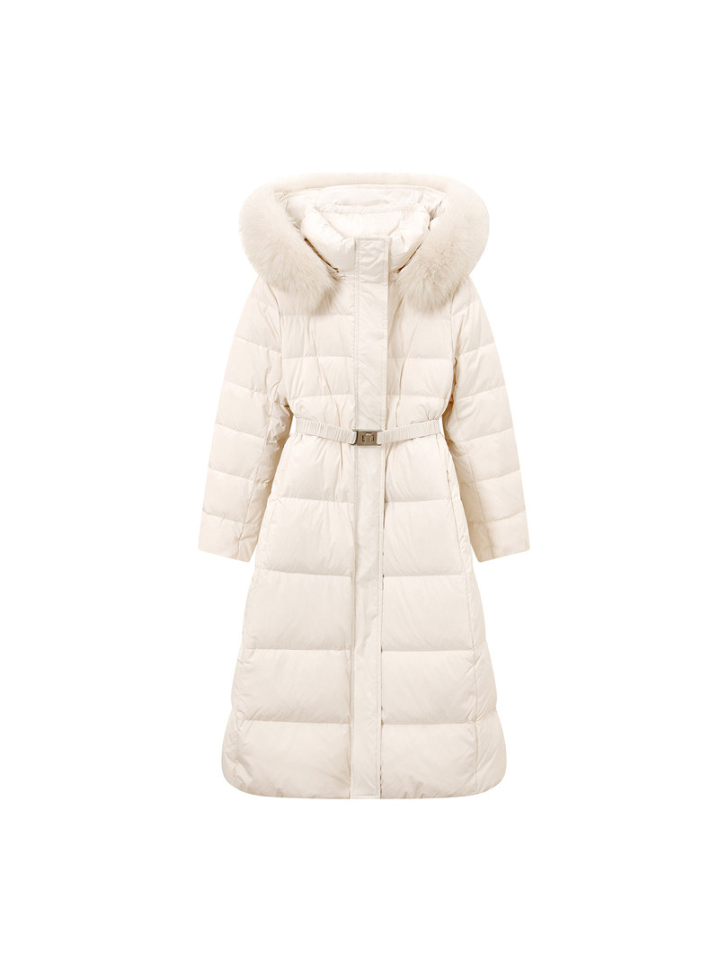 Cream belted puffer winter coat with fur-trimmed hood