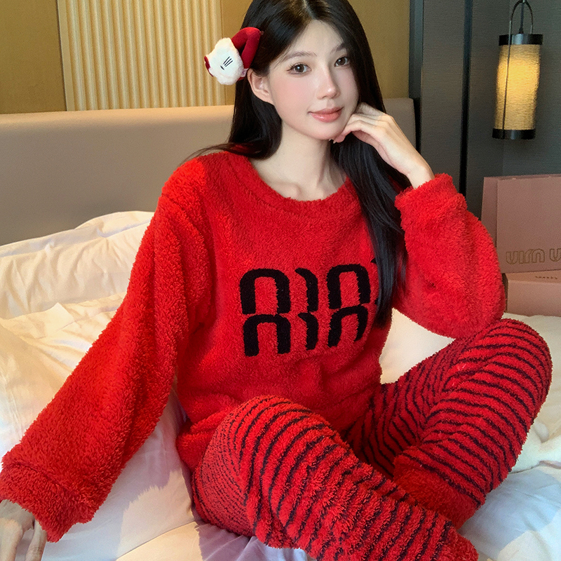 学生保暖加绒加厚睡衣套装女款