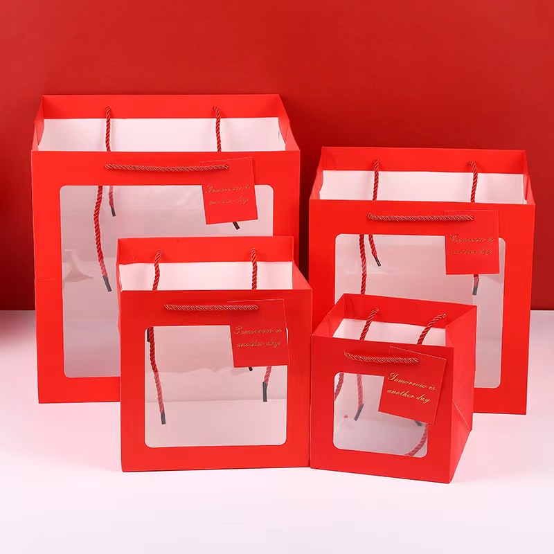 红色开窗正方形手提袋烘焙包装袋鲜花零食礼物袋