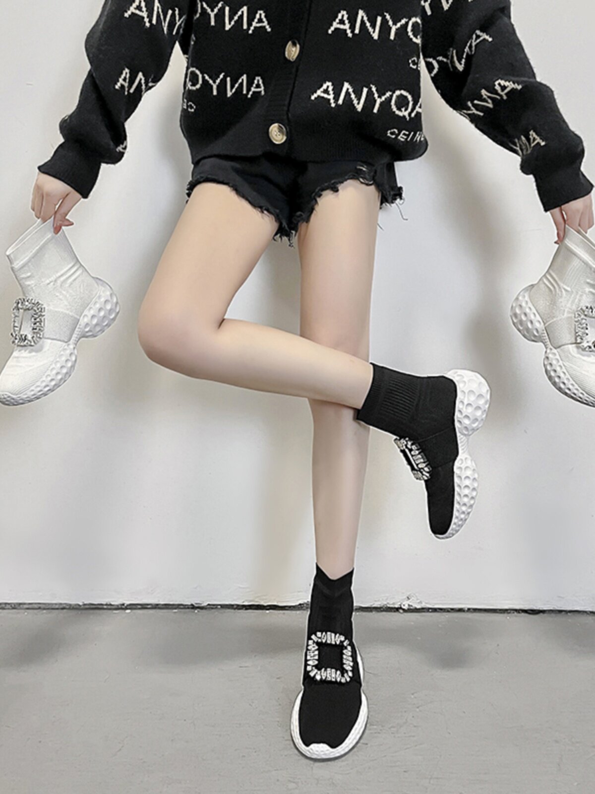 RV RHINESTONE SQUARE BUCKLE KNITTED BOOTIES SOCK SHOES ATHLEISURE HEIGHTENED GENUINE LEATHER PLATFORM SOLES DAD SHOES STRETCH SKINNY BOOTS