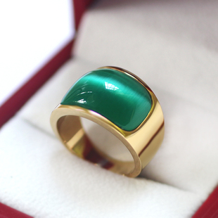 碧绿猫眼石欧美时尚戒指男士霸气钛钢镀24K金指环宝石戒子宽扳指