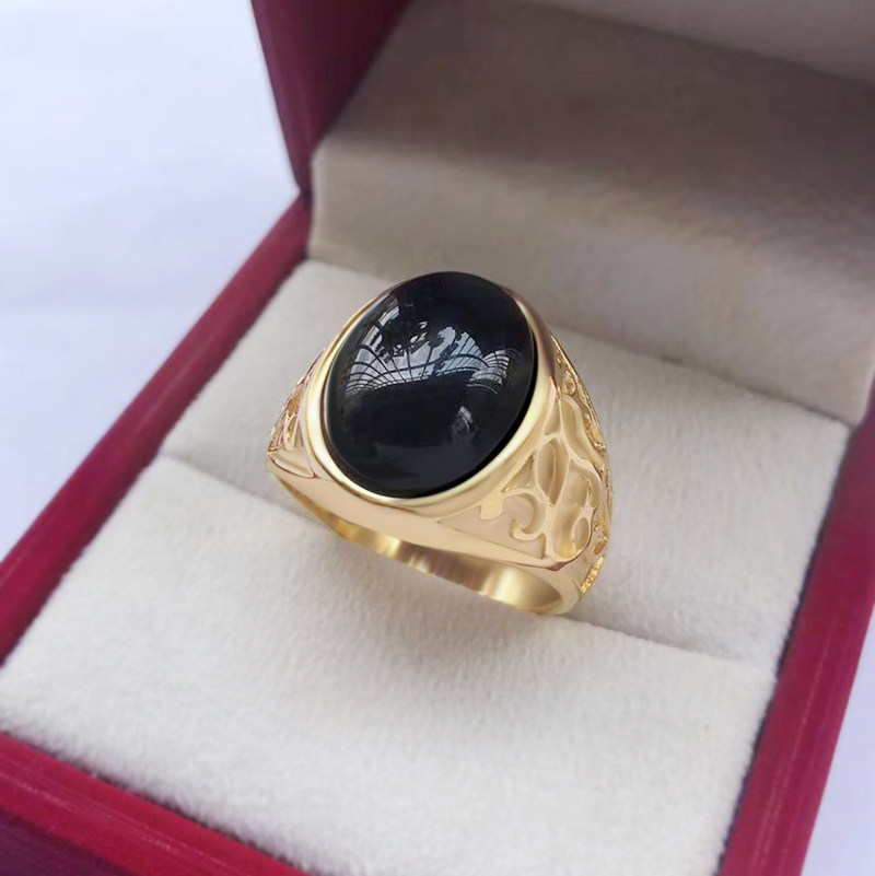 潮牌镀金三色猫眼石玛瑙图腾男女士通用钛钢戒指环时尚大气新款
