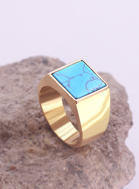 男款戒指欧美个性蓝松石钛钢