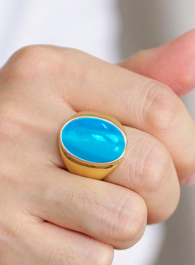 蓝色猫眼石男士钛钢戒指