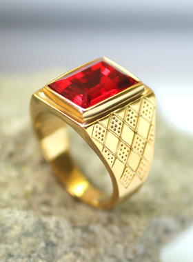 镀金红宝石戒指男士钛钢韩版指环