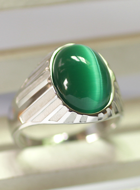 绿色猫眼石戒指男士钛钢指不掉色