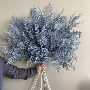 【灰蓝色①号链接】雾霾蓝插塑料配草叶材装饰吊顶垂挂雾凇婚礼堂
