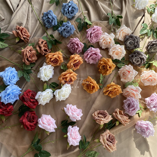 仿真3头钻石玫瑰花 仿真花婚庆大花月季婚庆插花装饰秋色复古拍摄