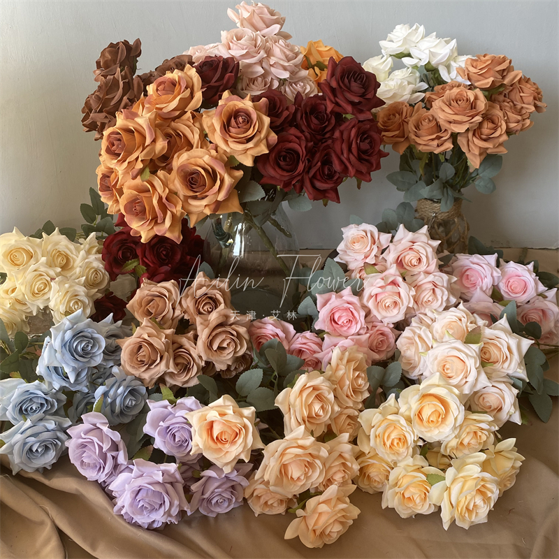 9头小玫瑰花 角边仿真花复古钻石月季道具花婚庆家居摆放软装花