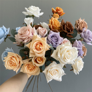 5头秋色角边玫瑰 婚庆装 饰插花跨境外贸 家居摆放 仿真花复古月季