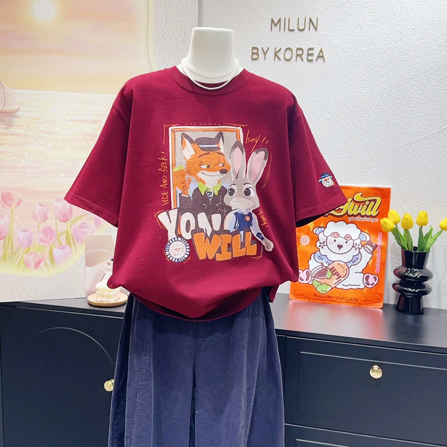 显白波尔多酒红色~小羊纸袋家2026早春款疯狂动物城纯棉短袖大码