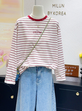 简约干净红蓝色条纹~韩国单2026春季字母刺绣长袖T恤内搭大码打底