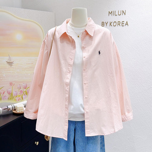 韩代秋款清新粉色衬衫~chic简约休闲慵懒风遮臀长袖上衣纯棉大码