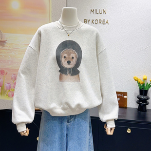 韩系十足~2025秋冬韩代款慵懒风上衣趣味减龄加绒卫衣小个子宽松